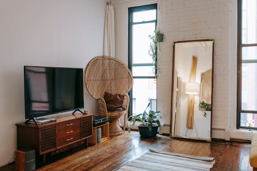 Charming living room showcasing vintage decor, a TV stand, and cozy seating.